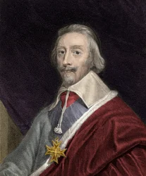 Portræt af kardinal Richelieu (1585-1642) bærende korset af Helligåndsordenen (Helligånden) - Armand Jean Du Plessis Kardinal og hertug af Richelieu (1585-1642) med et kors af Helligåndsordenen - gravering - 19. århundrede