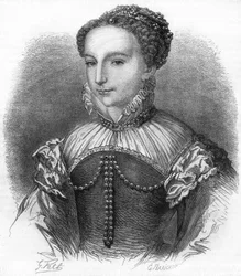 Portræt af Catherine de Medicis (Caterina de Medici) (1519-1589) hustru til Henrik II, konge af Frankrig. 1800-tals gravering.