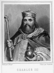 Portræt af Karl III (839 - 888), kejser af Vesten (881 - 887) og regent af Frankrig (884 - 887) - i "Histoire des Français" af Lavallée, stik, sd.