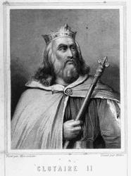 Portræt af Clotaire (Clothaire) II (584 - 628), konge af Neustrien og konge af frankerne - i "Histoire des Français"" af Lavallée, stik, sd.