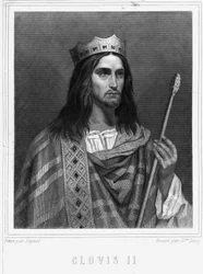 Portræt af Clovis II (? - 657), konge af Neustrien, Bourgogne og Austrasie - i "" Histoire des Français"" af Lavallée, gravering, sd.