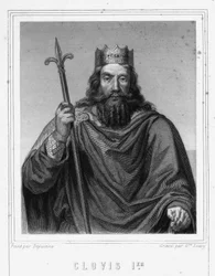 Portræt af Clovis I (v. 466 - 511), frankernes konge - i “Histoire des Français”” af Lavallée, stik, sd.