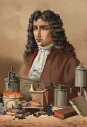 Portræt af Denis Papin (1647 - 1714) fra "Science and its Men" af Louis Figuier. Barcelona 1881