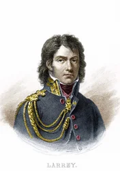 Portræt af Dominique Jean, Baron Larrey (1766 - 1842), fransk militærkirurg og opfinder af ambulancen. Indgravering af det 19. århundrede.