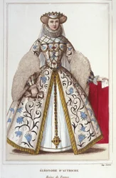 Portræt af Eleonore af Habsburg (eller Østrig) (1498-1558). Ærkehertuginde af Østrig, dronning af Portugal, derefter dronning af Frankrig, anden hustru til Francois I. gravering af 1830