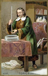 Portræt af Evangelista Torricelli eller Toricelli (1608 - 1647), italiensk fysiker med sin opfindelse Barometeret (kviksølvrør). Kromolitografi af det 19. århundrede.