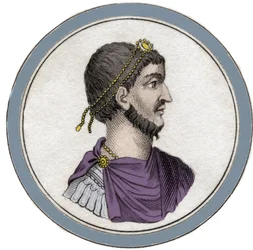 Portræt af Flavius Claudius Julianus (331-363), kaldet Julian den Frafaldne også kaldet Filosoffen Julian eller Julian II eller Kejseren Julian. Indgravering af det 19. århundrede.