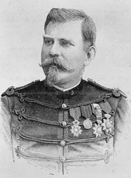 Portræt af general Joseph Joffre (1852 - 1931). Indgravering af slutningen af det 19. århundrede i "Histoire de France"" af H. Martin.
