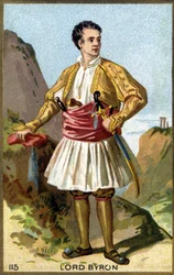 Portræt af George Gordon Noel, 6. Baron Byron, Lord Byron (1788 - 1824) klædt på græsk. Kromolitografi af det 19. århundrede.
