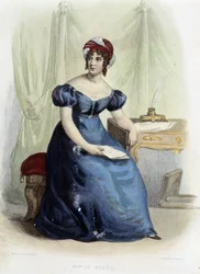 Portræt af Germaine Necker, baronesse af Stael Holstein (Stael-Holstein) dit Madame de Stael (1766-1817) - i ""Le Plutarque Français"", udg. Mannechet