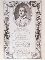 Portræt af Girolamo Frescobaldi (1583-1643) Italiensk komponistgravering fra frontispiece af "" Tocate "" score. 1637. Bologna, Civic Museum Museum