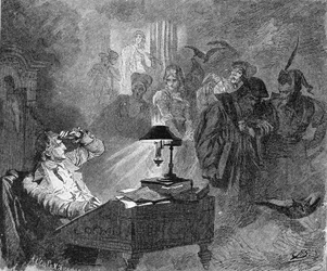 Portræt af Goethe omgivet af Faust-karakterer Gravering