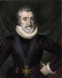 Portræt af Henrik IV (1553-1610) Konge af Frankrig, med halskæde af Helligåndsordenens insignier (Helligåndsordenen) - Henrik IV (Henry af Navarra eller Bourbon) (1553-1610), med Helligåndsordenens insignier - gravering