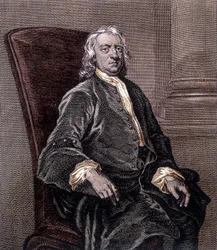 Portræt af Isaac Newton siddende i en lænestol - gravering