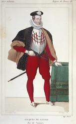 Portræt af Jacques de Savoie Nemours (1531-1585), greve af Geneve og hertug af Nemours fra 1533 til 1585. Stik fra 1830.