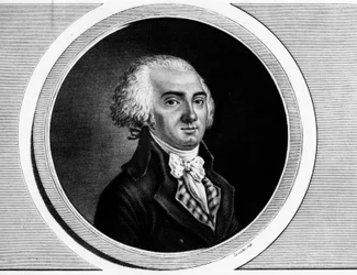 Portræt af Jerome Petion de Villeneuve (1759-1793) præsident for konventet og medlem af generalstaterne. Indgravering i "" Komplet samling af historiske malerier fra den franske revolution, i tre bind.""" 1804.