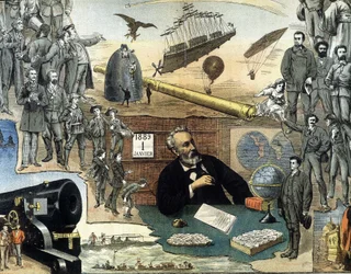 Portræt af Jules Verne og scener fra hans værker - Reklameplakat for hans samlede værker