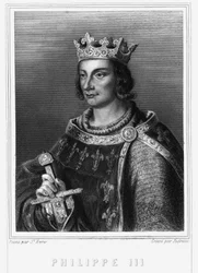 Portræt af kong Filip III af Frankrig (1245-1285) (Capetian Dynasti). Filip III, konge af Frankrig. Filip III den Dristige (1245-1285) - i "" Franskmændenes historie"" af Lavallée, gravering, sd.
