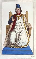 Portræt af Ludvig XI i dragt af Sankt Michels orden (1423 - 1483). stik fra 1830
