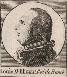 Portræt af Ludvig XVIII (1755-1824), med tilnavnet Ønsket, kongen af Frankrig og Navarra fra 1814 til 1815 og fra 1815 til 1824 - Ludvig XVIII, kendt som den Ønskede, konge af Frankrig - indgravering fra "Instruction sur l