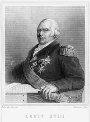 Portræt af Louis XVIII (1755 - 1824), konge af Frankrig - i "Histoire des Français"" af Lavallée, stik, sd.
