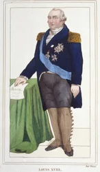 Portræt af Louis XVIII (1755 - 1824), konge af Frankrig, gravering af 1830.