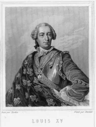 Portræt af Louis XV (1710 - 1774), konge af Frankrig - i "Histoire des Français"" af Lavallée, stik, sd.