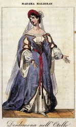 Portræt af Maria Garcia kaldet Malibran (1808-1836) sangerinde i rollen som Desdemone for "" Othello "" (Otello) af Gioachino Rossini. Teatro alla Scala 1833.