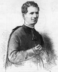 Portræt af Pere Dom Bosco, berømt italiensk kirkelig kirke kendt i hele det 19. århundredes Europa for sine hellige handlinger. Det blev nedlagt i 1888.