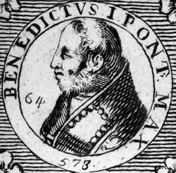 Portræt af pave Benedikt I. Indgravering af det 19. århundrede.
