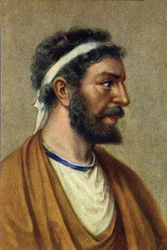 Portræt af Pythagoras, græsk filosof, matematiker og videnskabsmand (560-480 f.Kr.). Pythagoras (Pitagora) (ca. 560-480 f.Kr.), græsk filosof og videnskabsmand. Matematik.