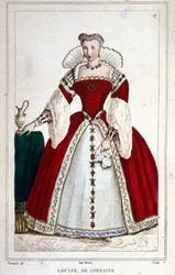Portræt af dronning Louise af Lorraine (1553 - 1601), hustru til Henrik III. Stik af 1830.