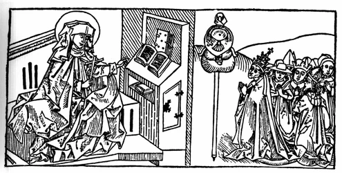 Portræt af Sankt Brigitte af Sverige (1103 - 1373). Indgravering fra "De helliges liv - sommerdel" (Helgenbogen) af Jacobus (James) fra Voragine (1228-1298). Lübeck 1488.