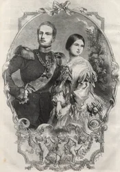 Portræt af Deres Kongelige Højheder Prinsesse Victoria (1840-1901) (Dronning Victoria) og Kronprins Frederik Vilhelm af Preussen (1831-1888). Stik fra 1858.