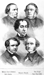 Portræt af William Ewart Gladstone, John Bright, Lord Stanley, John Stuart Mill og Benjamin Disraeli - i "" The Contemporains", n.d. slutningen af det 19. århundrede.