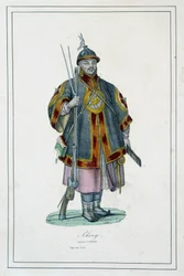 Portræt af en kinesisk soldat i rustning - i "" Jordens forskellige folk"" af Abbé Jouhanneaud, Librairie des bons livres