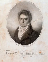 Portræt af den tyske komponist Ludwig van Beethoven (1770-1827) Gravering. 19. århundrede. Bologna, Civic Musical Bibliografisk Museum
