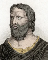 Portræt af den græske filosof Heraklit fra Efesos (576-480 f.Kr.) (Heraklit fra Efesos). Gravering fra det 19. århundrede.