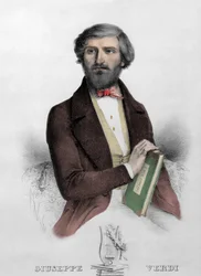Portræt af den italienske komponist Giuseppe Verdi (1813 - 1901) med partituret til "" i Due Foscari"" Indgravering fra 1844.