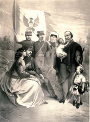 Portræt af den italienske patriot og helte af Risorgimento Giuseppe Garibaldi (1807-1882) omgiver hans børn Menotti, Ricciotti stående og Teresita, Francesca Armosino og den lille Manlio og Clelia. Illustration omkring 1870. Privat Samling