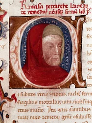 Portræt af den italienske digter Francesco Petrarca (Petrarque) (1304-1374) Detalje. Side taget fra manuskriptet "Les remedes aux deux fortunes" (De remediis Utriusque Fortunae) af Petrarch. 1360-1366 Venedig, Biblioteca marciana