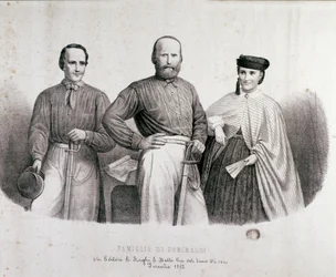 Portræt af patrioten og heltene fra Risorgimento Giuseppe Garibaldi (1807-1882) mellem Teresita, hans datter og hans kone Stefano Canzio. Litografi af 1862 Privatsamling