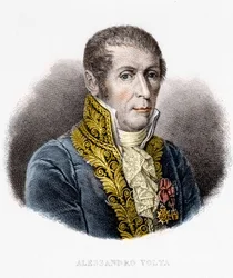Portræt af Alessandro (Alexandre) Volta (1745 - 1827). Italiensk fysiker, opfinder af det elektriske batteri. 1800-tals gravering