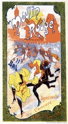 Plakat, der annoncerer ""koncerterne"", der finder sted hver aften i Moulin Rouge, Paris