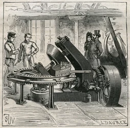 Keramik: Fleury-maskine, der bruges til mekanisk støbning af mursten. Indgravering fra 1885 i "" Les arts et metiers illustres"" af Adolphe BITARD.