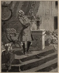 Keramik: Pierre Joseph Macquer (1718-1784) præsenterer på Akademiet det første hårde porcelæn fremstillet i Frankrig af Sevres-fabrikken i 1769. Indgravering fra 1885 i "" Les arts et metiers illustres"" af Adolphe BITARD.