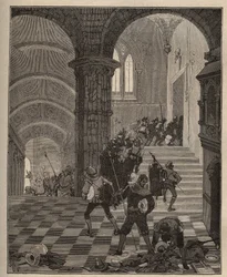 Keramik: ødelæggelse af "Henri II"-fabrikken under plyndringen af slottet Oiron (Deux Sevres) i 1568 under ligaen. Indgravering fra 1885 i "" Les arts et metiers illustres"" af Adolphe BITARD.