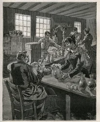 Keramik: fyldekeramik. Indgravering fra 1885 i "" Les arts et metiers illustres"" af Adolphe BITARD.