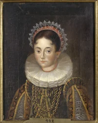 Prinsesse Elisabeth de Suede, hertugindekonsort af Mecklembourg Gadebusch - Portræt af prinsesse Elizabeth af Sverige (1549-1597), hertuginde af Mecklenburg, Anonym . Olie på lærred. Mål: 28x22 cm. Nationalmuseum Stockholm