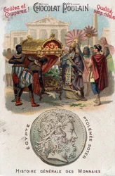 Ptolemæus I (360-283 f.Kr.) Soter (frelser) lod Alexander den Store begrave. I almindelig mønthistorie. Chokolade-føl kromolitografi fra slutningen af det 19. århundrede. Privat samling.